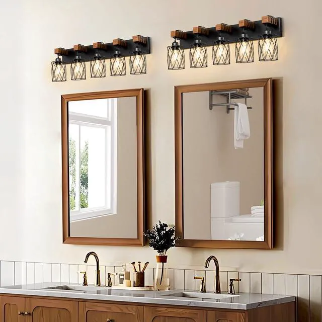 Alt view image 4 of 7 - Farmhouse Bathroom Vanity Light, 5-Light Wood Bathroom Light Fixtures Over Mirror, Black Industrial Vanity Lights with Metal Shade, Rustic Restroom Lighting Fixtures
