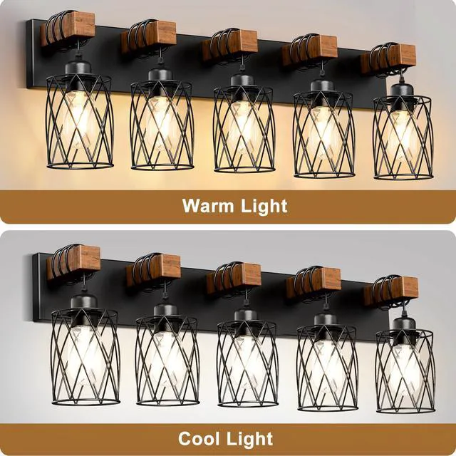 Alt view image 5 of 7 - Farmhouse Bathroom Vanity Light, 5-Light Wood Bathroom Light Fixtures Over Mirror, Black Industrial Vanity Lights with Metal Shade, Rustic Restroom Lighting Fixtures