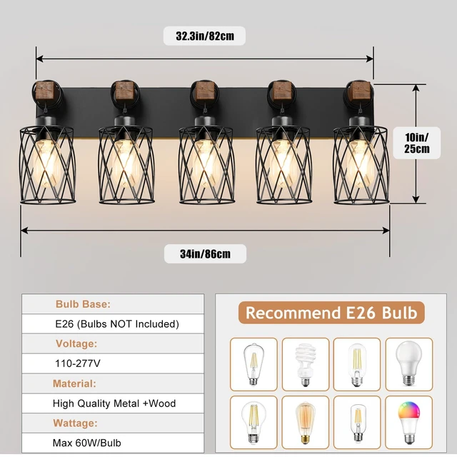 Alt view image 7 of 7 - Farmhouse Bathroom Vanity Light, 5-Light Wood Bathroom Light Fixtures Over Mirror, Black Industrial Vanity Lights with Metal Shade, Rustic Restroom Lighting Fixtures