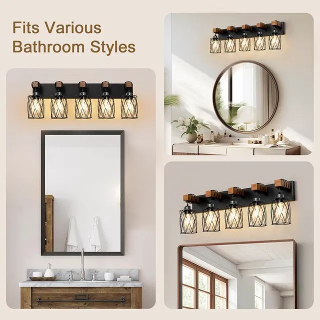 Alt view image 6 of 7 - Farmhouse Bathroom Vanity Light, 5-Light Wood Bathroom Light Fixtures Over Mirror, Black Industrial Vanity Lights with Metal Shade, Rustic Restroom Lighting Fixtures