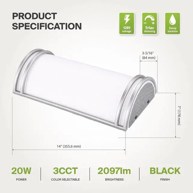 Alt view image 7 of 7 - Indoor LED Wall Sconce Lights, Black 3000/4000/5000K ETL 2 Pack 14 Inch 20W Dimmable LED Wall Sconces Hardwired, Modern Wall Sconce Light Fixture for Bedroom, Bathroom, Hallway Decor