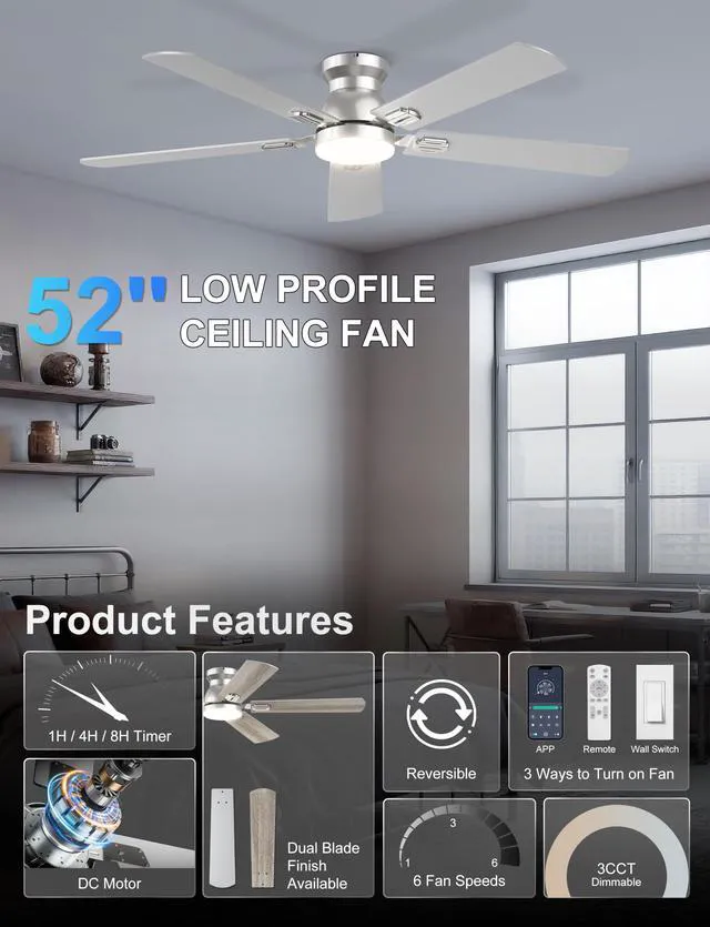 Alt view image 2 of 7 - 52'' Silver Flush Mount Ceiling Fan with Lights for Bedroom App/Remote Control, Low Profile, Space-Saving, Quiet DC Motor, 3CCT Dimmable, 6 Speeds Modern Overhead Fan for Low Ceilings