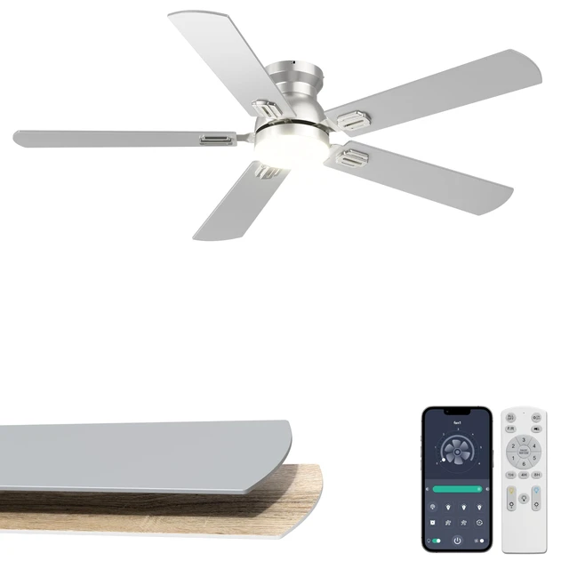 Main image of 52'' Silver Flush Mount Ceiling Fan with Lights for Bedroom App/Remote Control, Low Profile, Space-Saving, Quiet DC Motor, 3CCT Dimmable, 6 Speeds Modern Overhead Fan for Low Ceilings