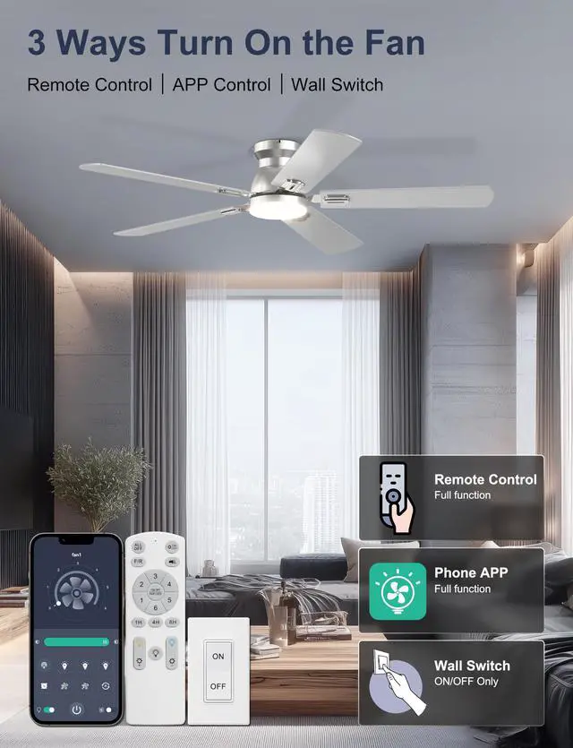 Alt view image 3 of 7 - 52'' Silver Flush Mount Ceiling Fan with Lights for Bedroom App/Remote Control, Low Profile, Space-Saving, Quiet DC Motor, 3CCT Dimmable, 6 Speeds Modern Overhead Fan for Low Ceilings