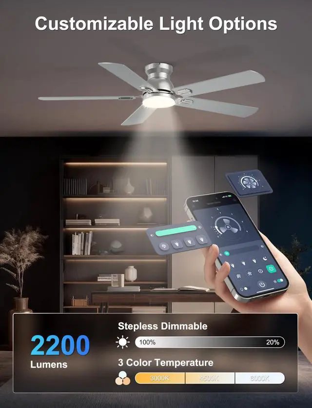 Alt view image 4 of 7 - 52'' Silver Flush Mount Ceiling Fan with Lights for Bedroom App/Remote Control, Low Profile, Space-Saving, Quiet DC Motor, 3CCT Dimmable, 6 Speeds Modern Overhead Fan for Low Ceilings