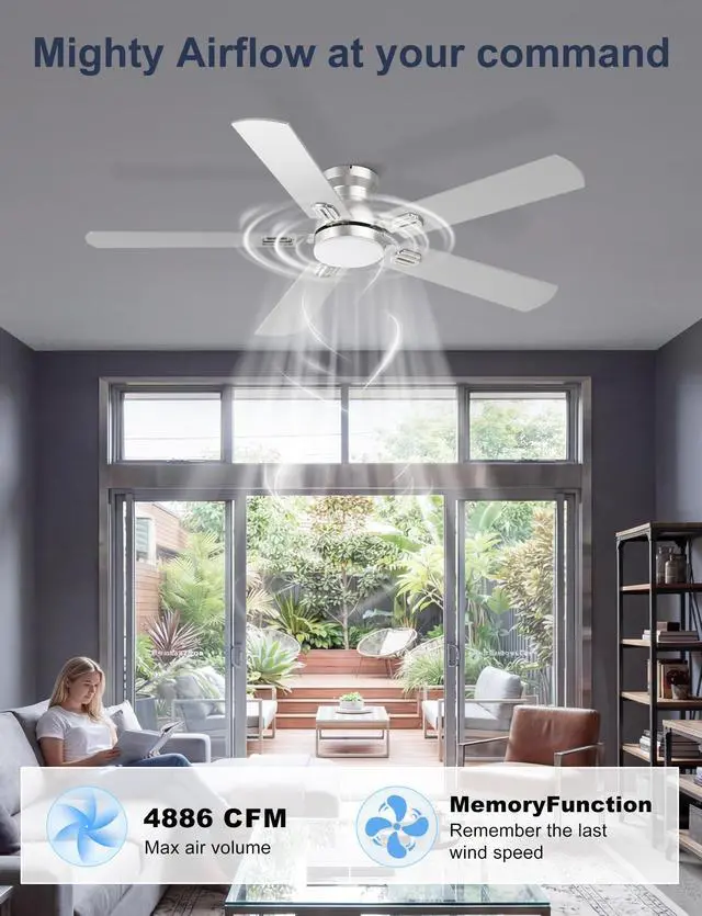 Alt view image 5 of 7 - 52'' Silver Flush Mount Ceiling Fan with Lights for Bedroom App/Remote Control, Low Profile, Space-Saving, Quiet DC Motor, 3CCT Dimmable, 6 Speeds Modern Overhead Fan for Low Ceilings
