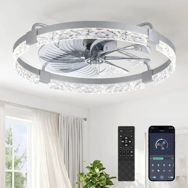 Main image of 24 Inch Ceiling Fans with Lights, Flush Mount Remote & App Control 3CCT Dimmable LED, DC Motor, Bladeless, Reversible Blade, 6 Speeds, Modern, Low Profile, Enclosed, Bedroom, Kids, Girl, Adult