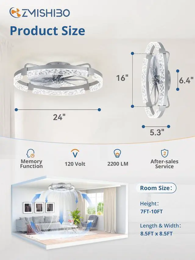 Alt view image 7 of 7 - 24 Inch Ceiling Fans with Lights, Flush Mount Remote & App Control 3CCT Dimmable LED, DC Motor, Bladeless, Reversible Blade, 6 Speeds, Modern, Low Profile, Enclosed, Bedroom, Kids, Girl, Adult