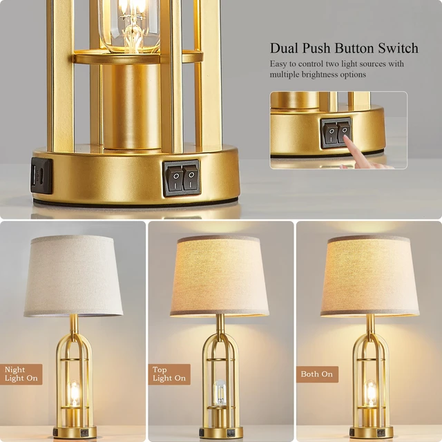 Alt view image 2 of 7 - Gold Table Lamps for Living Room Set of 2 - Modern Farmhouse Bedside Lamps for Bedroom Night Stands with Nightlight and USB A+C, Industrial Lamp for Living Room End Tables