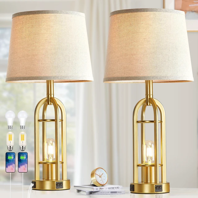 Main image of Gold Table Lamps for Living Room Set of 2 - Modern Farmhouse Bedside Lamps for Bedroom Night Stands with Nightlight and USB A+C, Industrial Lamp for Living Room End Tables
