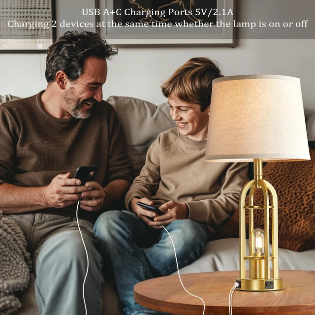Alt view image 3 of 7 - Gold Table Lamps for Living Room Set of 2 - Modern Farmhouse Bedside Lamps for Bedroom Night Stands with Nightlight and USB A+C, Industrial Lamp for Living Room End Tables