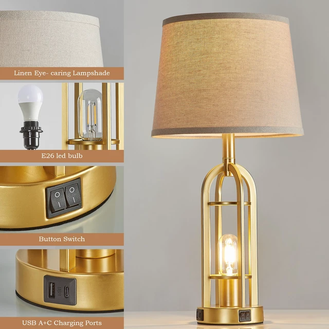 Alt view image 5 of 7 - Gold Table Lamps for Living Room Set of 2 - Modern Farmhouse Bedside Lamps for Bedroom Night Stands with Nightlight and USB A+C, Industrial Lamp for Living Room End Tables