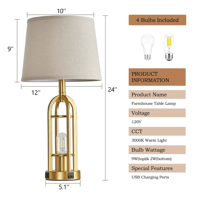 Alt view image 6 of 7 - Gold Table Lamps for Living Room Set of 2 - Modern Farmhouse Bedside Lamps for Bedroom Night Stands with Nightlight and USB A+C, Industrial Lamp for Living Room End Tables