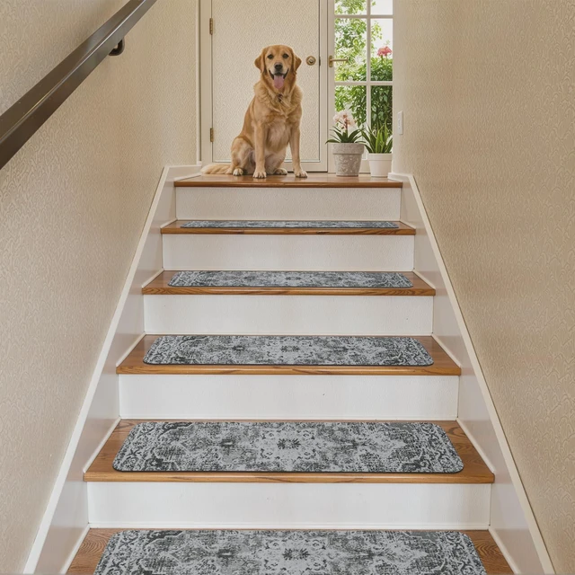 Alt view image 7 of 7 - Stair Treads Non Slip Stair Runners for Wooden Steps Indoor 15PCS 8"x30" Rubber Backing Carpet Stair Treads for Wood Stairs Staircase Step Treads for Kids & Dogs, Stair Covers Safety Mats