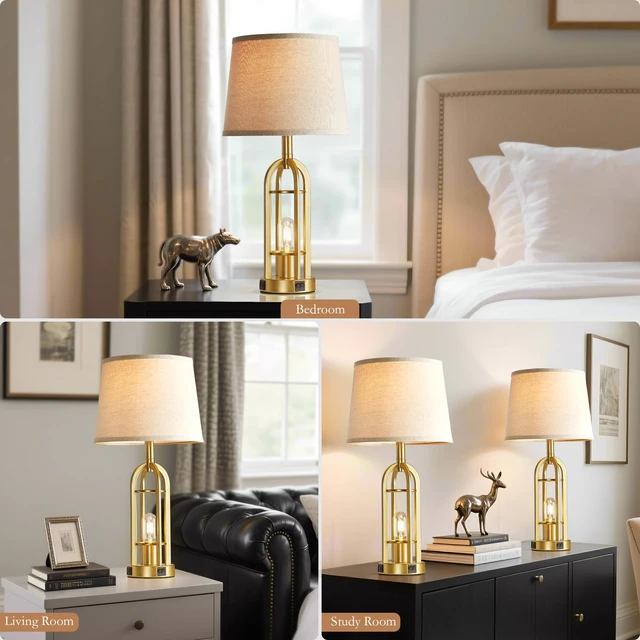 Alt view image 4 of 7 - Gold Table Lamps for Living Room Set of 2 - Modern Farmhouse Bedside Lamps for Bedroom Night Stands with Nightlight and USB A+C, Industrial Lamp for Living Room End Tables