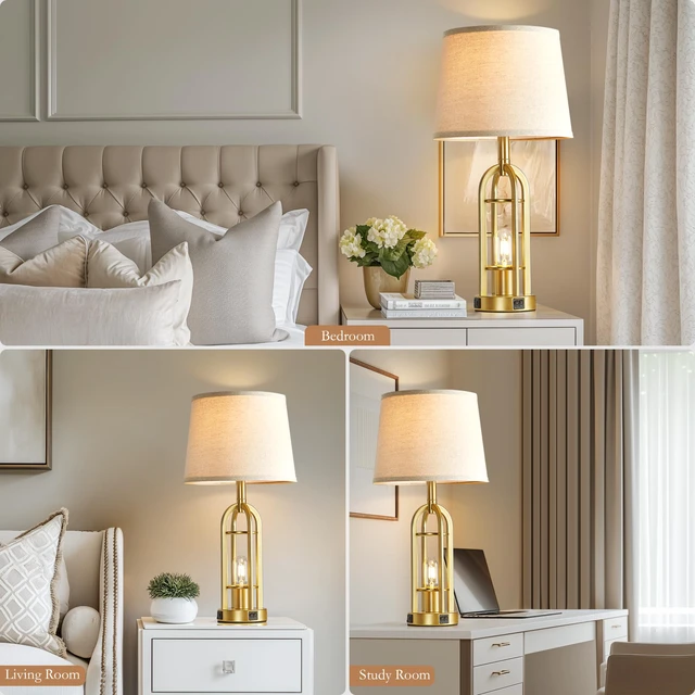 Alt view image 7 of 7 - Gold Table Lamps for Living Room Set of 2 - Modern Farmhouse Bedside Lamps for Bedroom Night Stands with Nightlight and USB A+C, Industrial Lamp for Living Room End Tables