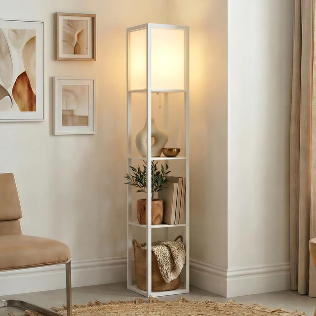 Main image of Maxwell - Modern Shelf Floor Lamp with Lamp Shade & Warm White LED Bulb, Corner Display Floor Lamp with Shelves for Living Room, Bedroom, Nightstand Office, Home Decor Storage - White