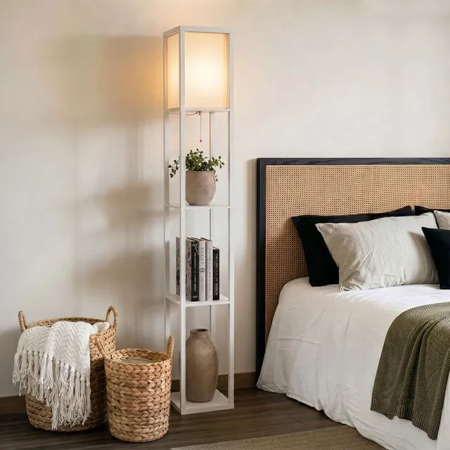Alt view image 2 of 7 - Maxwell - Modern Shelf Floor Lamp with Lamp Shade & Warm White LED Bulb, Corner Display Floor Lamp with Shelves for Living Room, Bedroom, Nightstand Office, Home Decor Storage - White