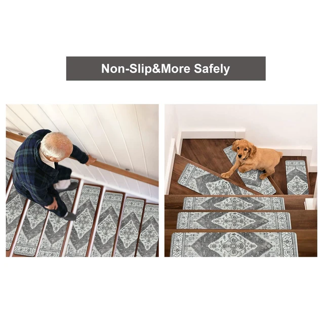 Alt view image 6 of 7 - Extra Non-Slip Stair Treads for Wooden Steps Indoor 15PC Stair Runners 30"X8" Slip Resistant Stair Rugs Safety Mats for Dogs, Kids & Elders, Rubber Backed Stair Treads Stair Covers, Gray