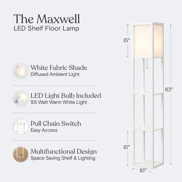 Alt view image 5 of 7 - Maxwell - Modern Shelf Floor Lamp with Lamp Shade & Warm White LED Bulb, Corner Display Floor Lamp with Shelves for Living Room, Bedroom, Nightstand Office, Home Decor Storage - White