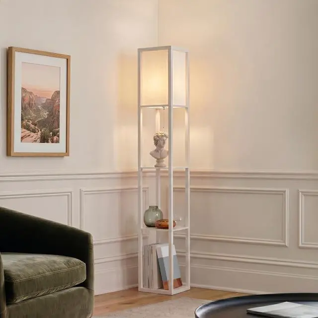 Alt view image 6 of 7 - Maxwell - Modern Shelf Floor Lamp with Lamp Shade & Warm White LED Bulb, Corner Display Floor Lamp with Shelves for Living Room, Bedroom, Nightstand Office, Home Decor Storage - White