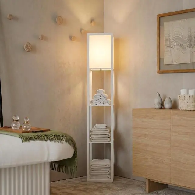 Alt view image 7 of 7 - Maxwell - Modern Shelf Floor Lamp with Lamp Shade & Warm White LED Bulb, Corner Display Floor Lamp with Shelves for Living Room, Bedroom, Nightstand Office, Home Decor Storage - White
