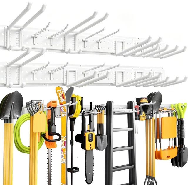 Main image of Garage Tool Organizer Wall Mount 99 inches with 18 Adjustable Heavy-Duty Hooks, Garage Organization, Garden Tool Storage Rack for Garage,Yard,Shed,Holds Up to 750 lbs,White