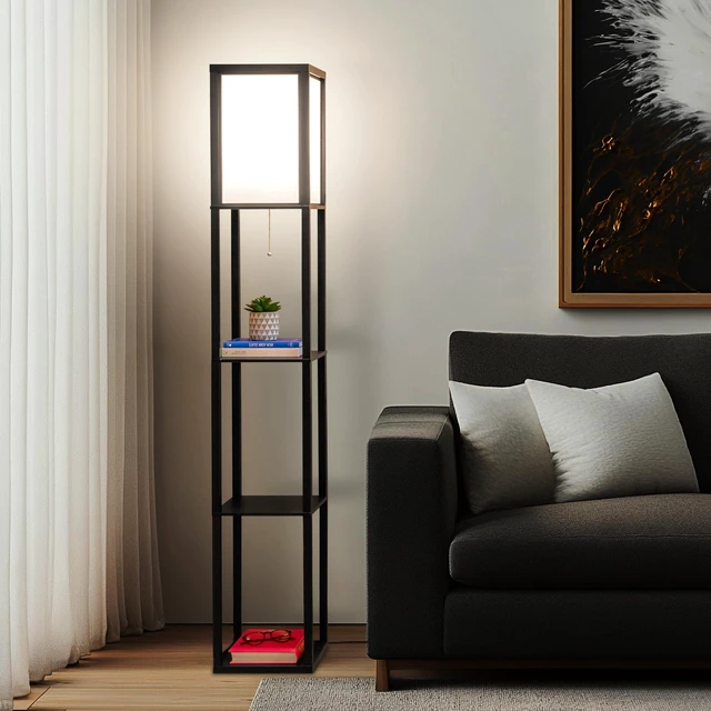 Alt view image 3 of 7 - Maxwell - Modern Shelf Floor Lamp with Lamp Shade & Warm White LED Bulb, Corner Display Floor Lamp with Shelves for Living Room, Bedroom, Nightstand Office, Home Decor Storage - Black