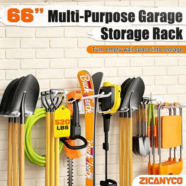 Alt view image 2 of 4 - Garage Tool Organizer Wall Mount 99 inches with 18 Adjustable Heavy-Duty Hooks, Garage Organization, Garden Tool Storage Rack for Garage,Yard,Shed,Holds Up to 750 lbs,White