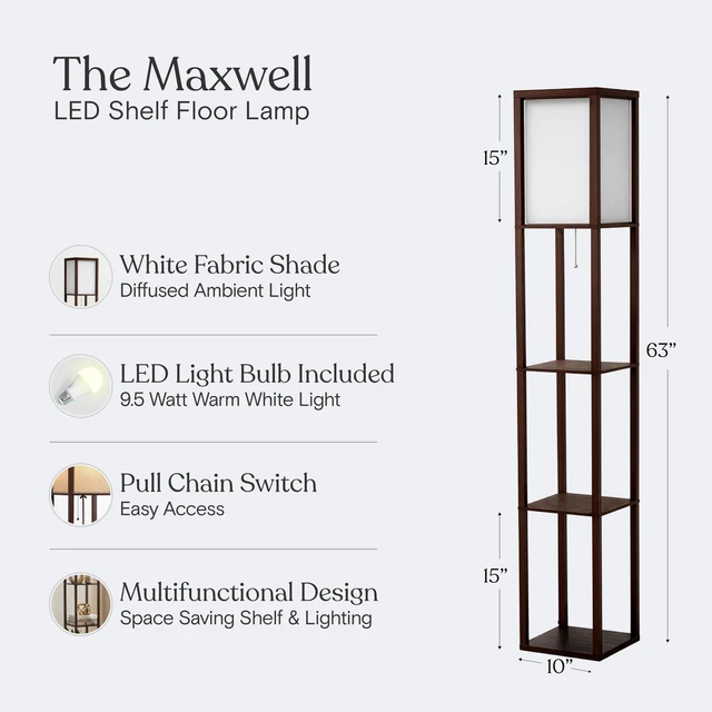 Alt view image 4 of 7 - Maxwell - Modern Shelf Floor Lamp with Lamp Shade & Warm White LED Bulb, Corner Display Floor Lamp with Shelves for Living Room, Bedroom, Nightstand Office, Home Decor Storage - Havana Brown