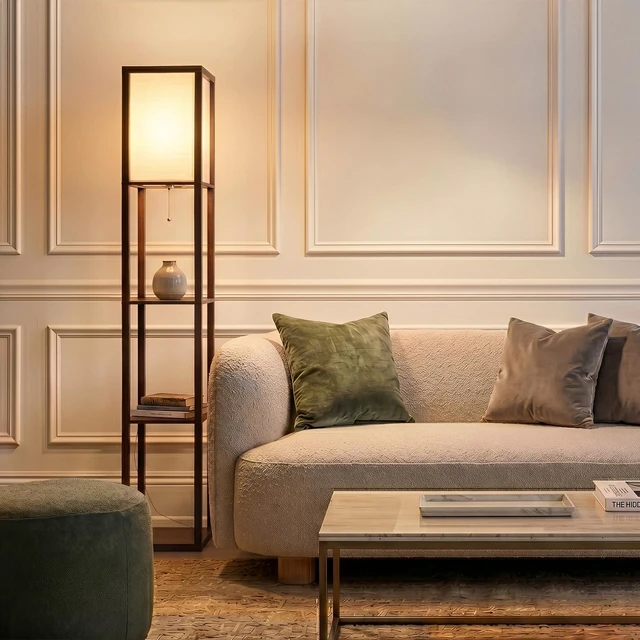 Alt view image 3 of 7 - Maxwell - Modern Shelf Floor Lamp with Lamp Shade & Warm White LED Bulb, Corner Display Floor Lamp with Shelves for Living Room, Bedroom, Nightstand Office, Home Decor Storage - Havana Brown