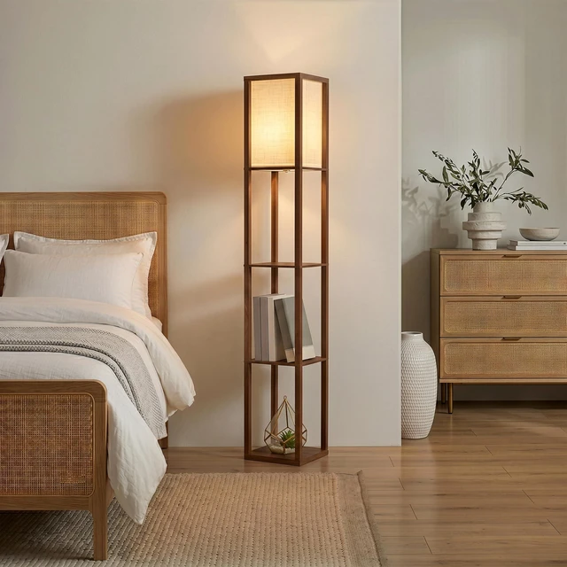 Alt view image 2 of 7 - Maxwell - Modern Shelf Floor Lamp with Lamp Shade & Warm White LED Bulb, Corner Display Floor Lamp with Shelves for Living Room, Bedroom, Nightstand Office, Home Decor Storage - Havana Brown