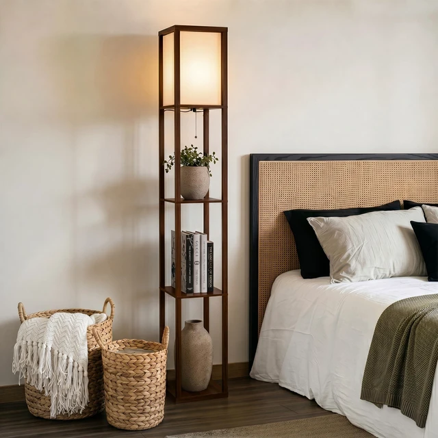 Alt view image 6 of 7 - Maxwell - Modern Shelf Floor Lamp with Lamp Shade & Warm White LED Bulb, Corner Display Floor Lamp with Shelves for Living Room, Bedroom, Nightstand Office, Home Decor Storage - Havana Brown