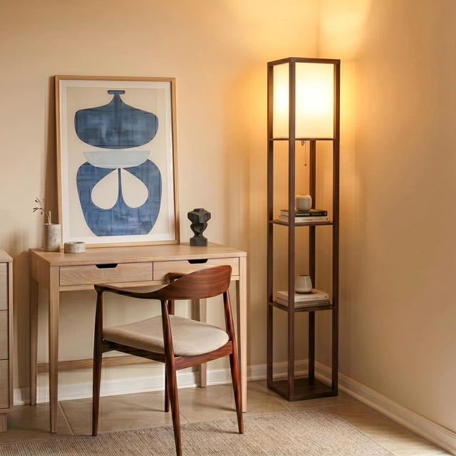 Alt view image 7 of 7 - Maxwell - Modern Shelf Floor Lamp with Lamp Shade & Warm White LED Bulb, Corner Display Floor Lamp with Shelves for Living Room, Bedroom, Nightstand Office, Home Decor Storage - Havana Brown