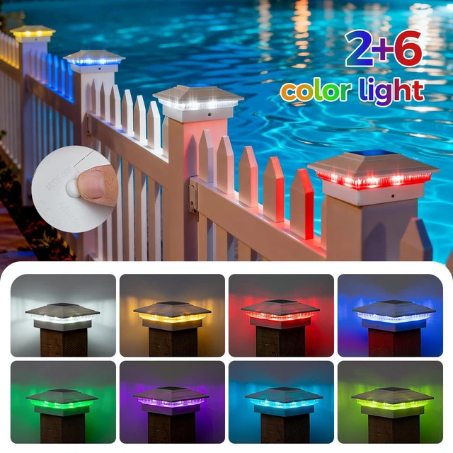 Alt view image 3 of 6 - Solar Post Cap Lights 12pack, 8 Color Modes, for 4x4 5x5 6x6 Posts White IP65 Waterproof Fence Post Solar Light,Outdoor Deck Post Lights with 8 Color Modes for Wood/Vinyl Post Decorate Patio Porch