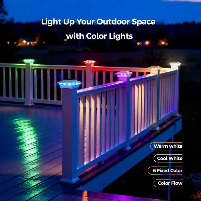 Alt view image 6 of 6 - Solar Post Cap Lights 12pack, 8 Color Modes, for 4x4 5x5 6x6 Posts White IP65 Waterproof Fence Post Solar Light,Outdoor Deck Post Lights with 8 Color Modes for Wood/Vinyl Post Decorate Patio Porch