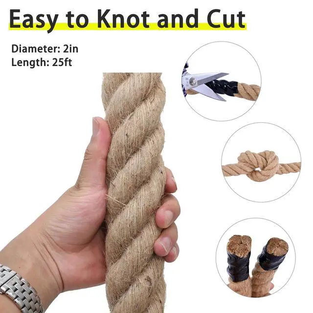 Alt view image 4 of 7 - Jute Rope 2 inch × 25FT, Natural Hemp Rope, Thick Heavy Duty Cord for Swing, Tug of War, Hammock, Craft & Nautical Use