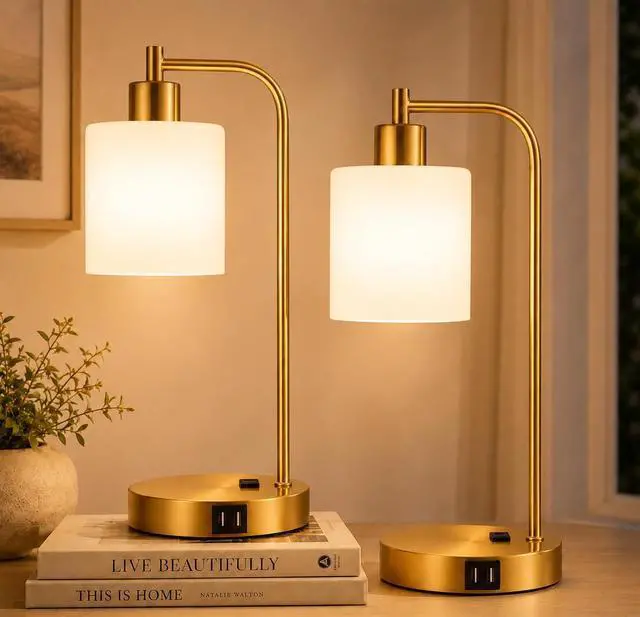Main image of Set of 2 Industrial Touch Control Table Lamps with 2 USB Ports and AC Outlet - 3-Way Dimmable Gold Bedside Lamps Nightstand Desk Lamps for Bedroom Living Room, Opal Glass Shade & 2 LED Bulbs Included