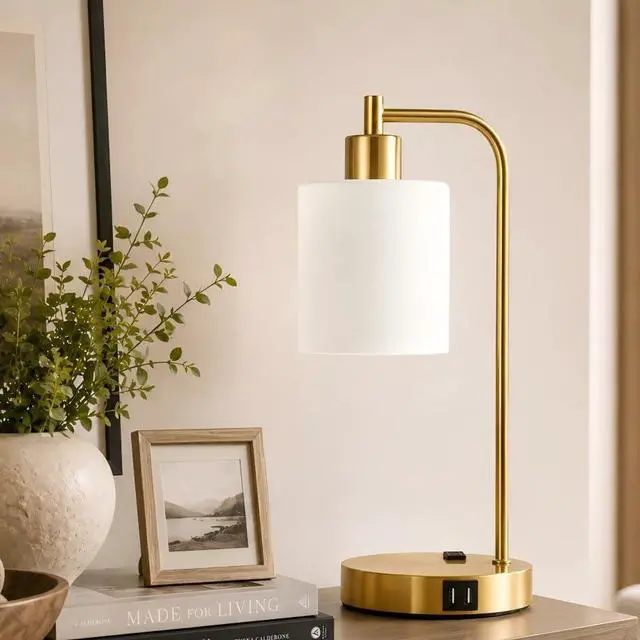 Alt view image 7 of 7 - Set of 2 Industrial Touch Control Table Lamps with 2 USB Ports and AC Outlet - 3-Way Dimmable Gold Bedside Lamps Nightstand Desk Lamps for Bedroom Living Room, Opal Glass Shade & 2 LED Bulbs Included