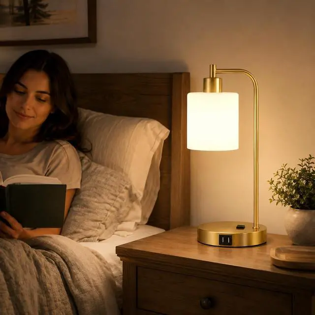 Alt view image 6 of 7 - Set of 2 Industrial Touch Control Table Lamps with 2 USB Ports and AC Outlet - 3-Way Dimmable Gold Bedside Lamps Nightstand Desk Lamps for Bedroom Living Room, Opal Glass Shade & 2 LED Bulbs Included