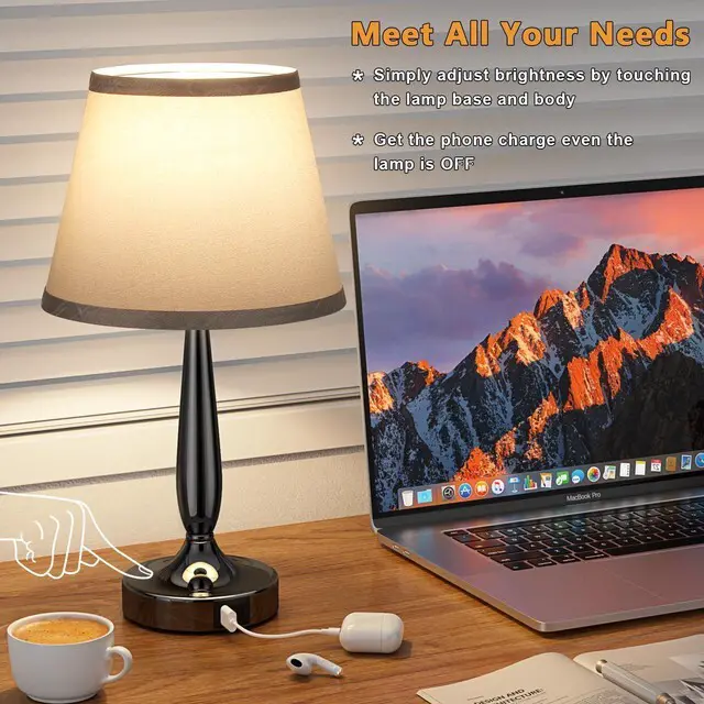 Alt view image 4 of 6 - Touch Table Lamp for Bedroom Set, Small Bedside Lamps Set of 2 with USB C Charging Port, 3 Way Dimmable Touch Control Nightstand Lamps, LED Bulb Included