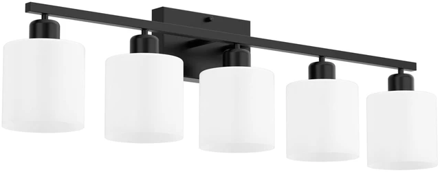 Main image of Bathroom Black Lighting Fixtures Over Mirror, Anti-Rust 5-Light Bathroom Vanity Lights,Milky White Glass Shades