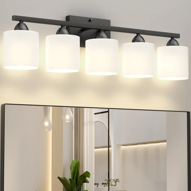 Alt view image 2 of 7 - Bathroom Black Lighting Fixtures Over Mirror, Anti-Rust 5-Light Bathroom Vanity Lights,Milky White Glass Shades