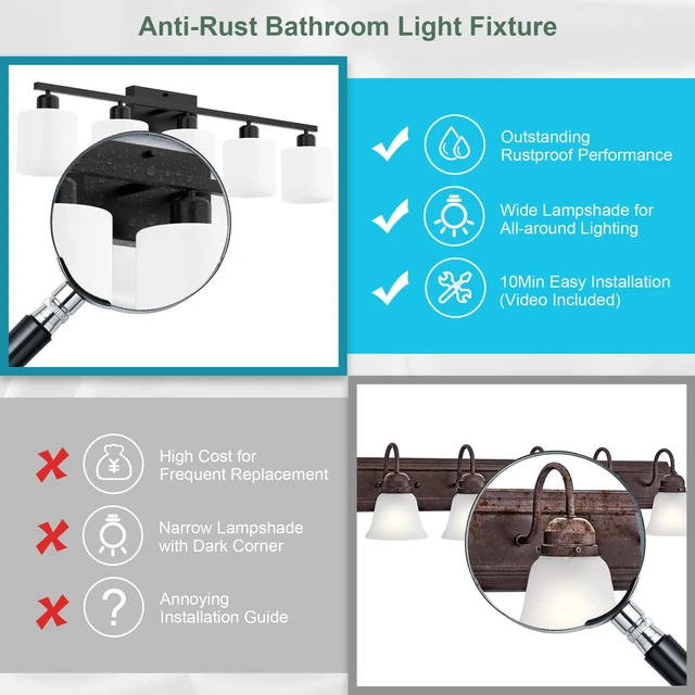 Alt view image 4 of 7 - Bathroom Black Lighting Fixtures Over Mirror, Anti-Rust 5-Light Bathroom Vanity Lights,Milky White Glass Shades