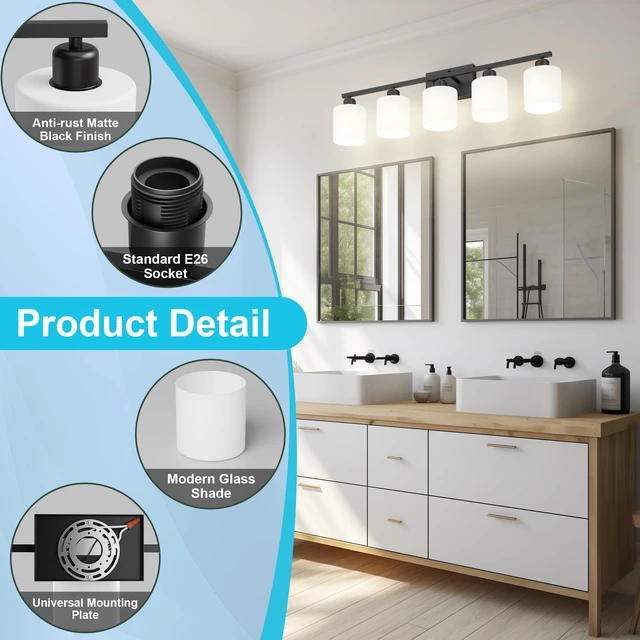 Alt view image 3 of 7 - Bathroom Black Lighting Fixtures Over Mirror, Anti-Rust 5-Light Bathroom Vanity Lights,Milky White Glass Shades