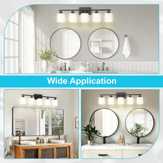 Alt view image 5 of 7 - Bathroom Black Lighting Fixtures Over Mirror, Anti-Rust 5-Light Bathroom Vanity Lights,Milky White Glass Shades