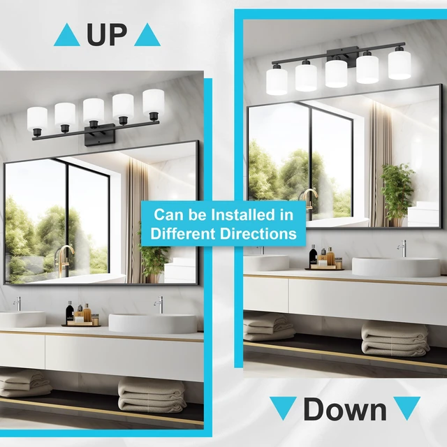 Alt view image 7 of 7 - Bathroom Black Lighting Fixtures Over Mirror, Anti-Rust 5-Light Bathroom Vanity Lights,Milky White Glass Shades
