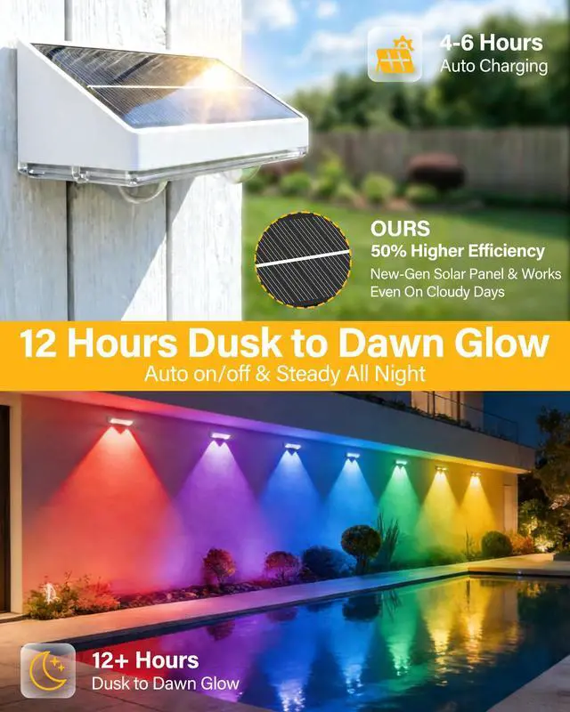 Alt view image 3 of 7 - Solar Fence Lights Outdoor, 16 Pack Fence Lights Solar Powered 60LM Solar Fence Lights, 9 RGB Color Modes, IP65 Waterproof, 12H Dusk to Dawn Glow for Pool/Deck/Patio/Wall/Backyard - White