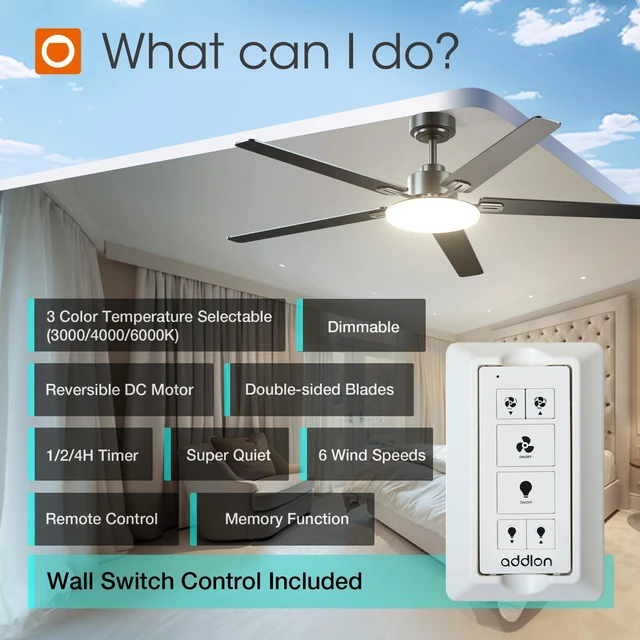 Alt view image 2 of 7 - 60 Inch Ceiling Fans with Lights and Remote Control, Wall Switch Reversible DC motor, 6-speed, Timer, 3CCT Dimmable, Quiet, Black Ceiling Fan for Bedroom, Living Room, Indoor/Outdoor Use