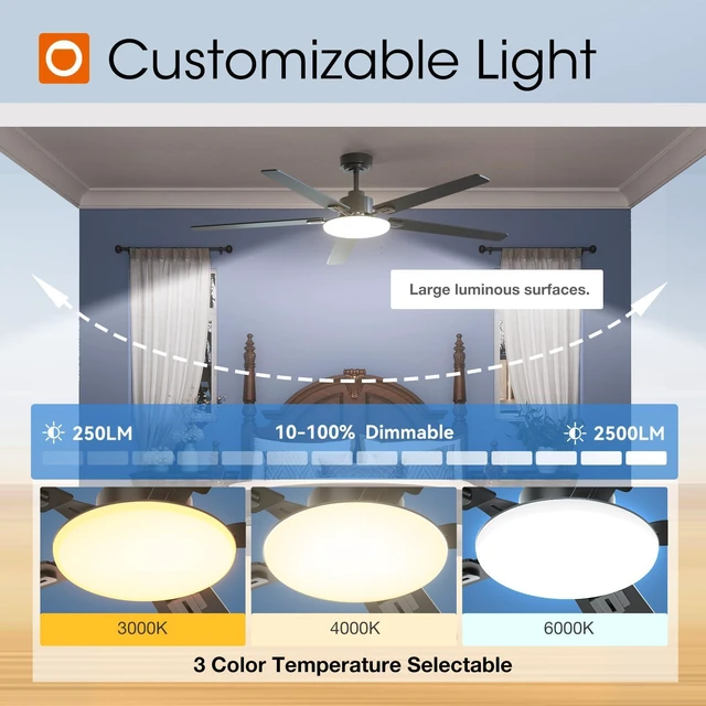 Alt view image 6 of 7 - 60 Inch Ceiling Fans with Lights and Remote Control, Wall Switch Reversible DC motor, 6-speed, Timer, 3CCT Dimmable, Quiet, Black Ceiling Fan for Bedroom, Living Room, Indoor/Outdoor Use